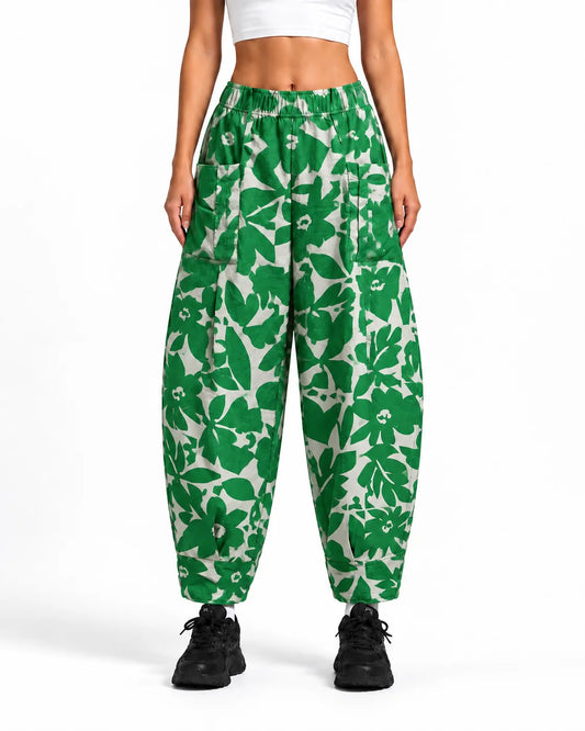OYSTERS WHITE GREEN PRINTED BALLOON YOGA PANTS FOR WOMEN