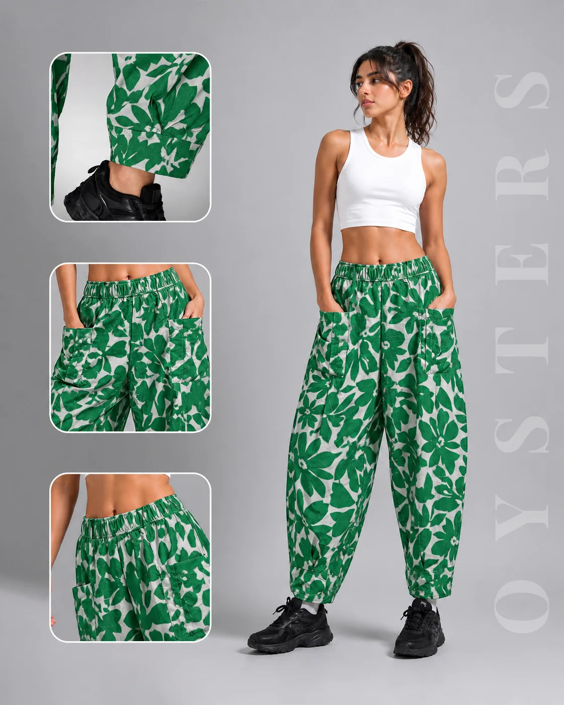OYSTERS WHITE GREEN PRINTED BALLOON YOGA PANTS FOR WOMEN