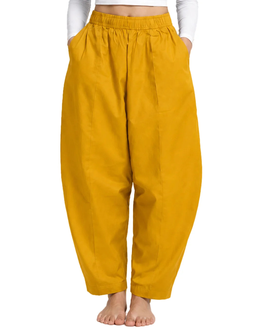 Balloon-Cut Relaxed Fit Mustard Cotton Pants for Women