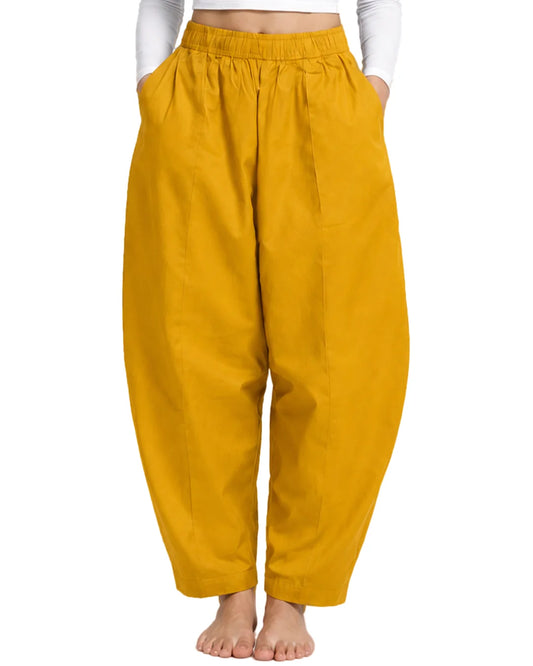 Balloon-Cut Relaxed Fit Mustard Cotton Pants for Women