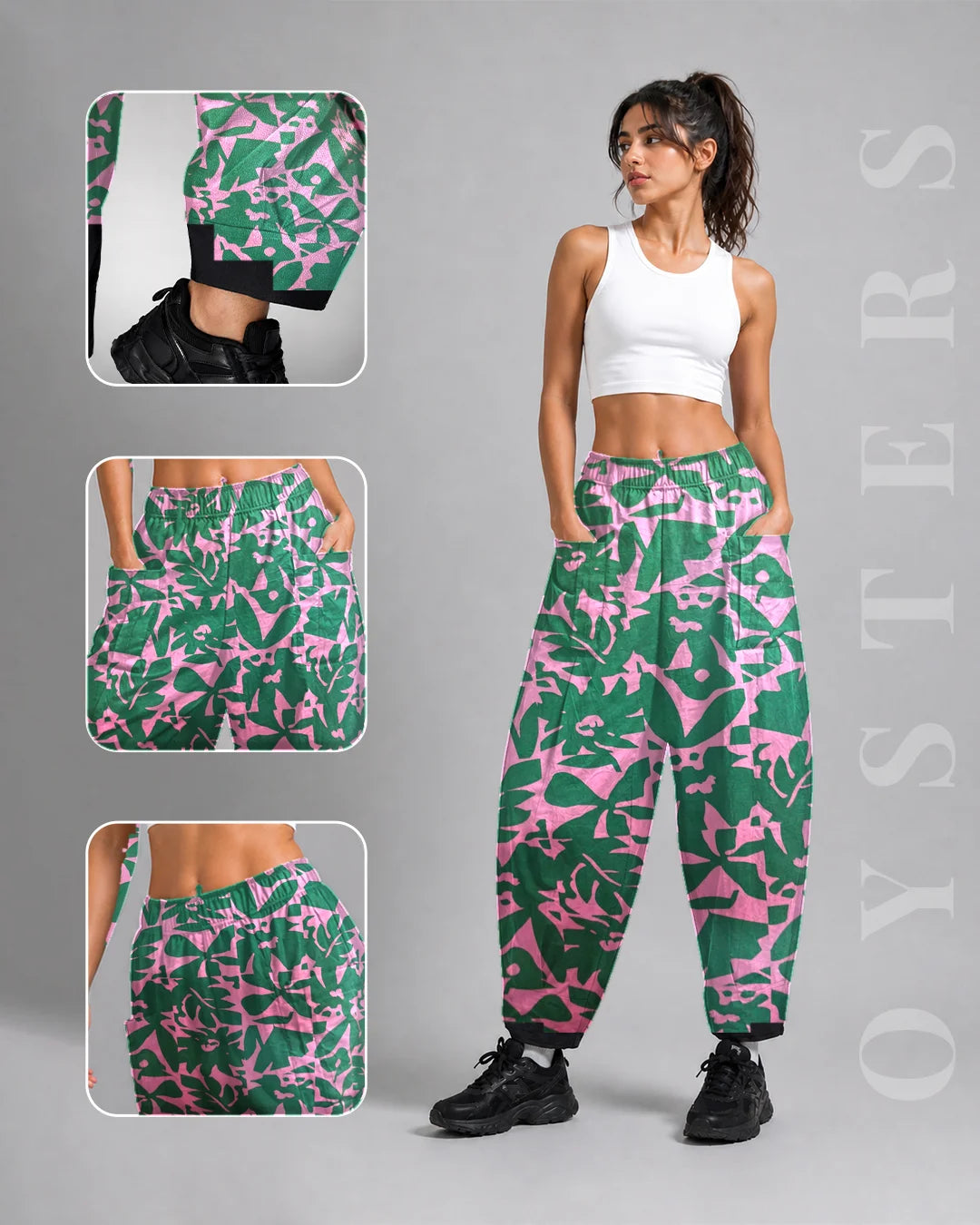OYSTERS PINK GREEN PRINTED BALLOON YOGA PANTS FOR WOMEN